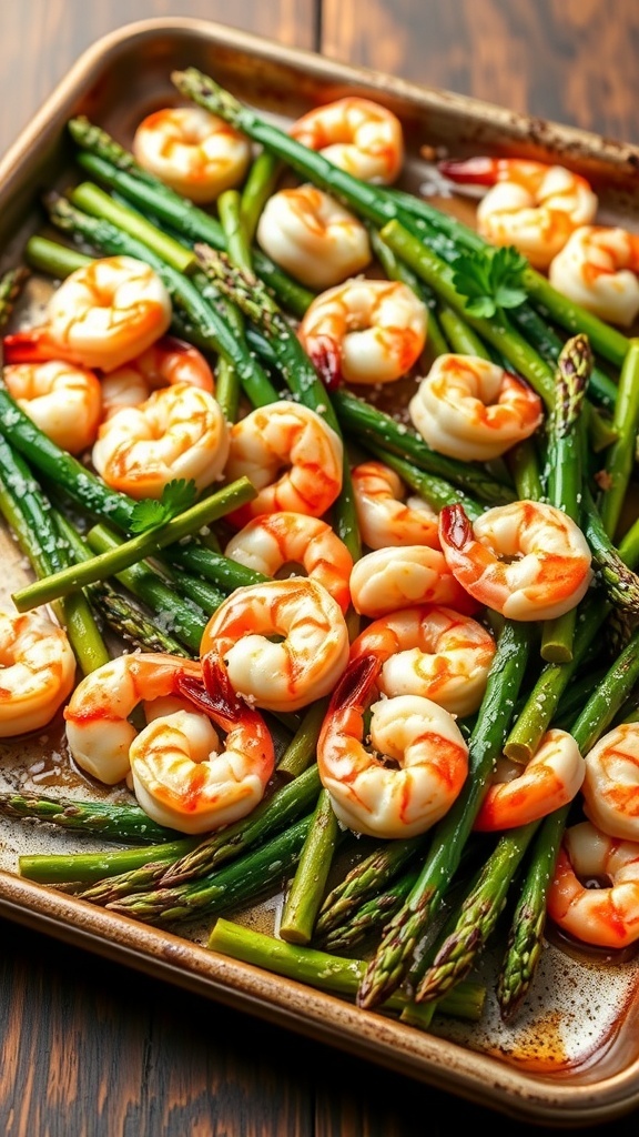 Garlic Parmesan Shrimp and Asparagus Sheet Pan Recipe Roasted shrimp and asparagus on a sheet pan, garnished with Parmesan cheese and parsley.