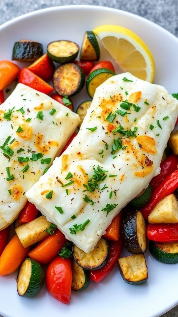 Baked cod fillets with roasted vegetables on a white plate, garnished with herbs and lemon wedges.