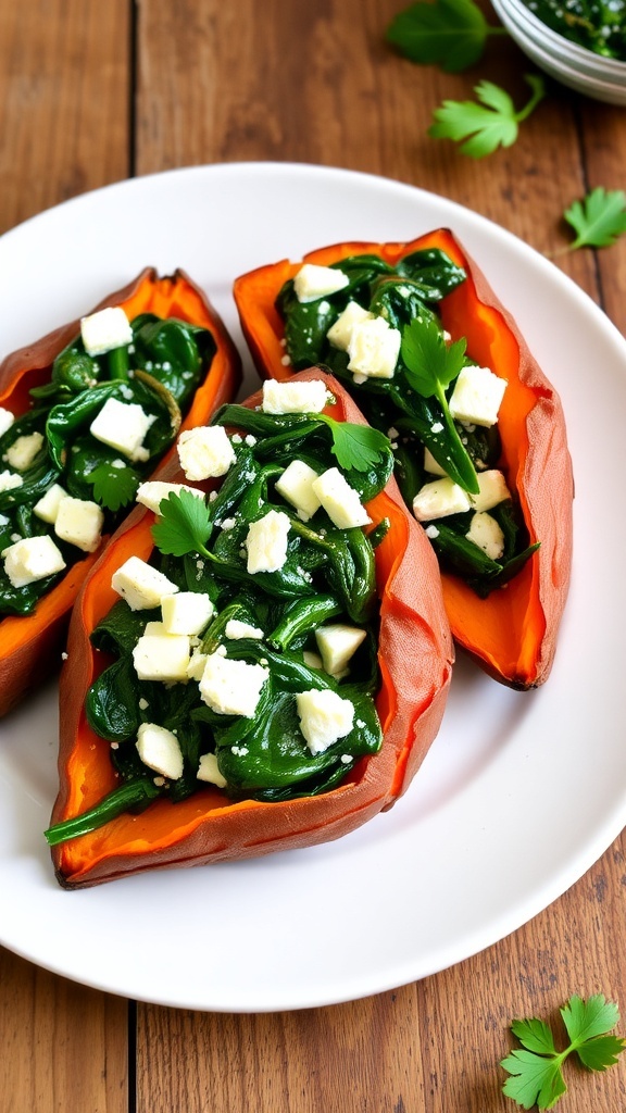 Spinach and Feta Stuffed Sweet Potatoes Recipe Stuffed sweet potatoes with spinach and feta on a rustic plate, garnished with parsley.