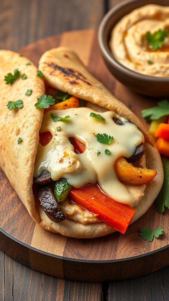Roasted Vegetable and Hummus Pita Melts Roasted vegetable and hummus pita melt with cheese, garnished with parsley on a wooden board.
