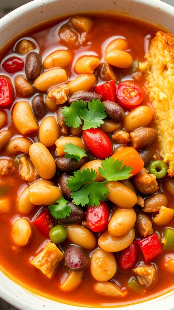 A steaming bowl of turkey chili with beans and vegetables, garnished with cilantro, next to a slice of cornbread.