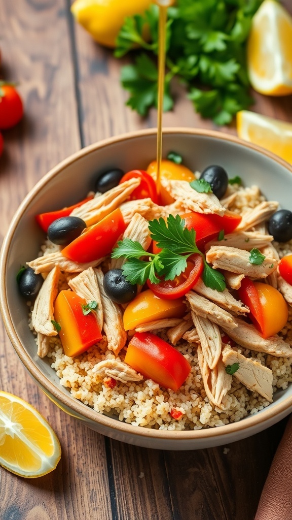 A colorful Mediterranean chicken bowl with shredded chicken, bell peppers, tomatoes, olives, and quinoa, garnished with parsley.