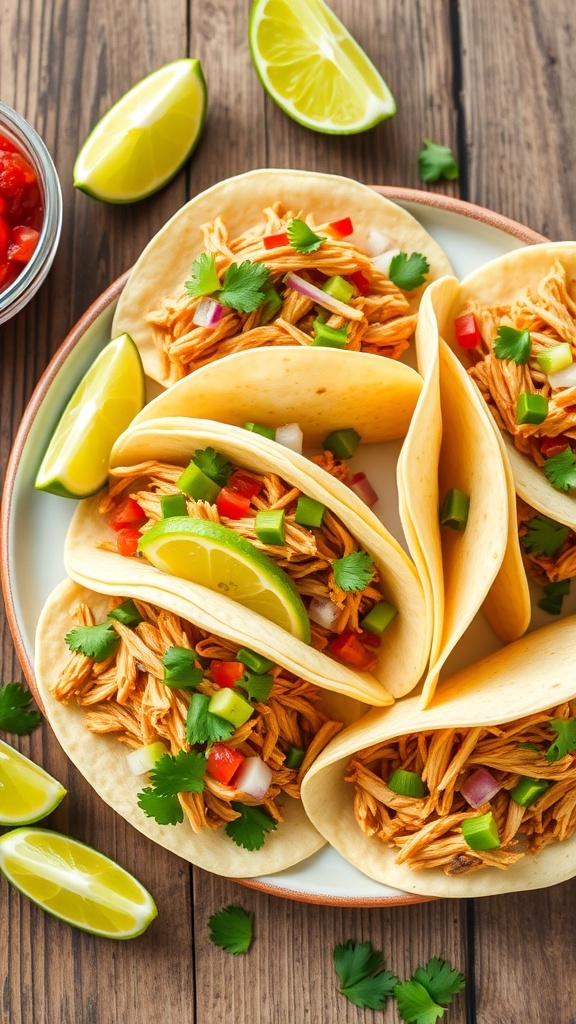 A plate of garlic lime chicken tacos topped with cilantro and avocado, served with lime wedges and salsa.