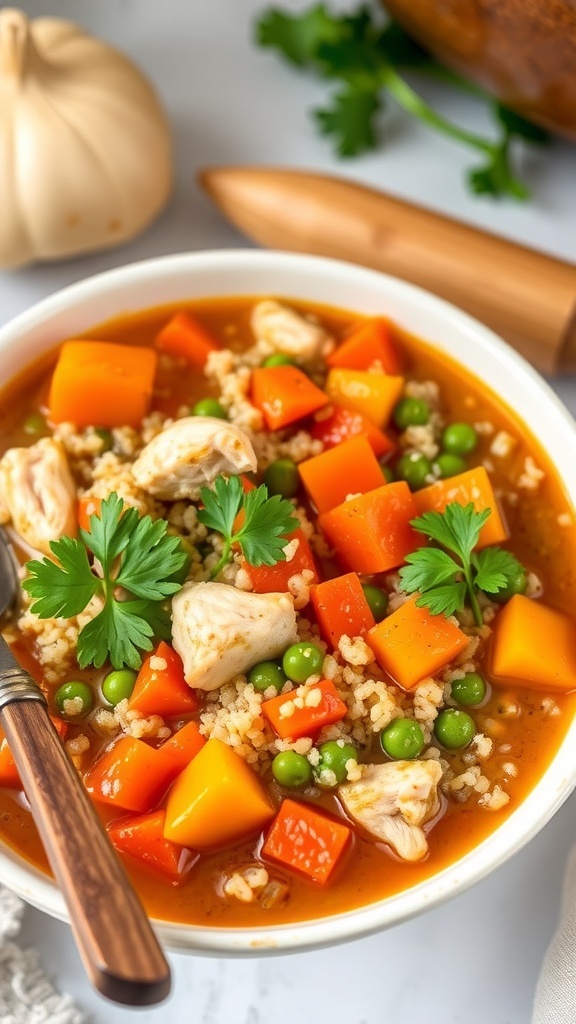 A bowl of chicken and quinoa stew with vegetables, garnished with parsley, on a wooden table.