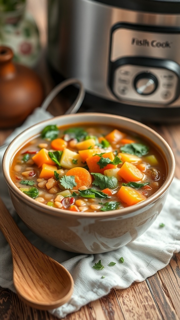 A hearty bowl of veggie-packed lentil soup with carrots, celery, and spinach, served with a wooden spoon in a cozy kitchen.