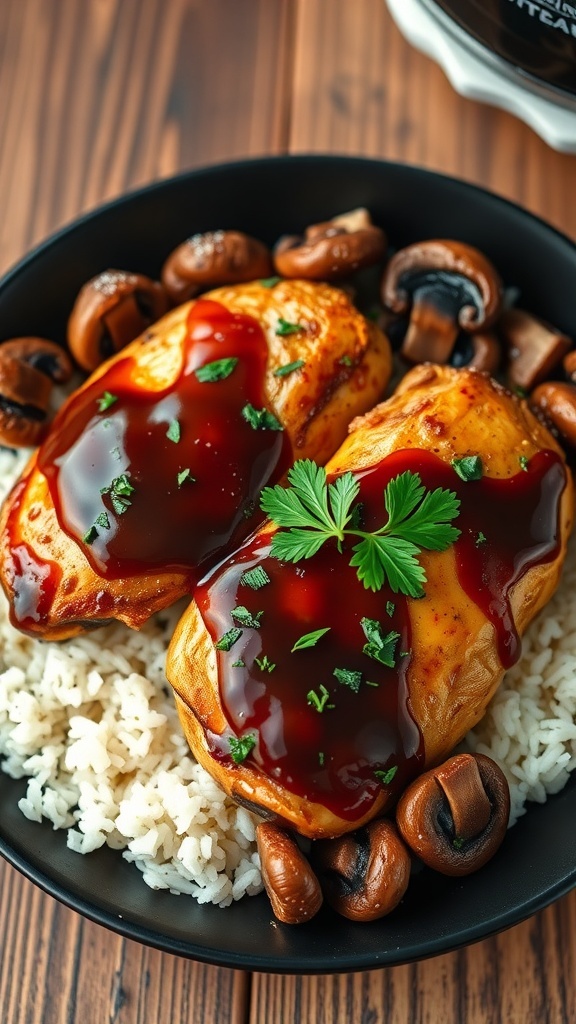 Crockpot balsamic chicken with mushrooms served over rice, garnished with parsley.