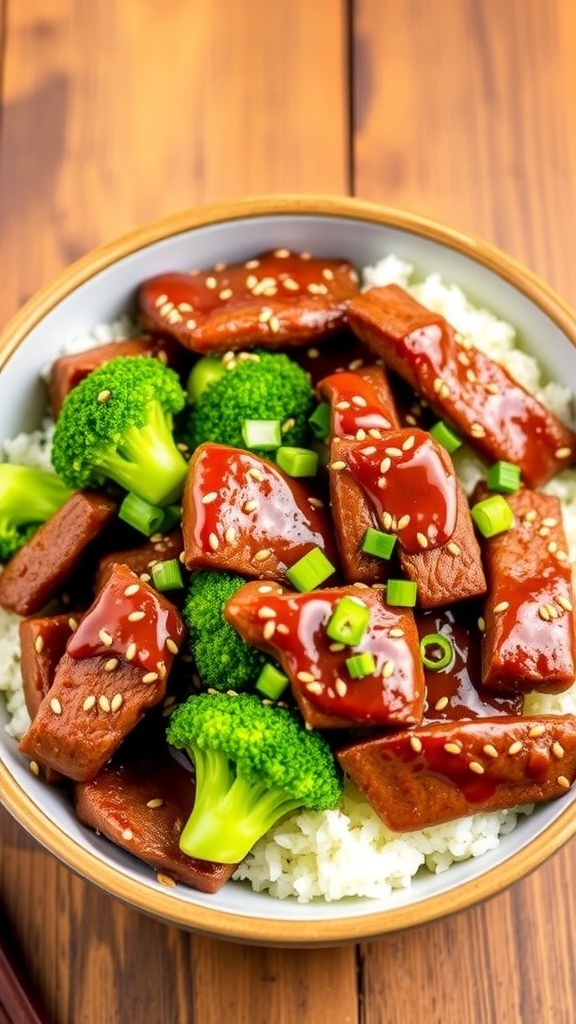 A bowl of ginger sesame beef and broccoli with rice, garnished with sesame seeds and green onions.