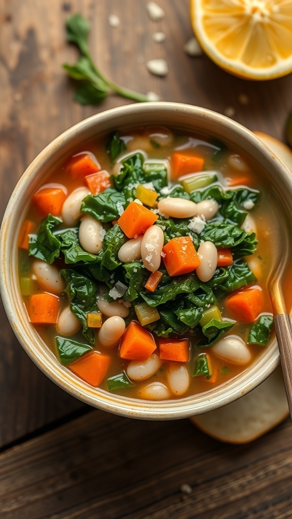 A bowl of Tuscan white bean and kale soup with kale, white beans, carrots, and Parmesan cheese on a rustic table.