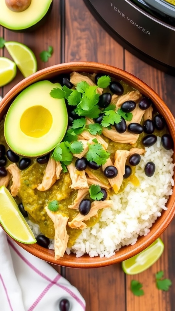 A colorful bowl of shredded salsa verde chicken over rice, garnished with avocado, beans, and cilantro, with lime wedges.