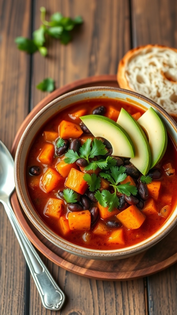 A bowl of sweet potato and black bean chili garnished with cilantro and avocado on a wooden table.