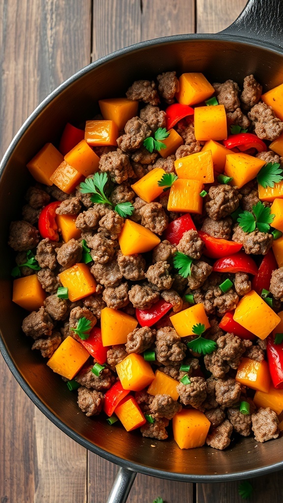 A healthy ground beef and sweet potato skillet with colorful vegetables, garnished with parsley on a wooden table.
