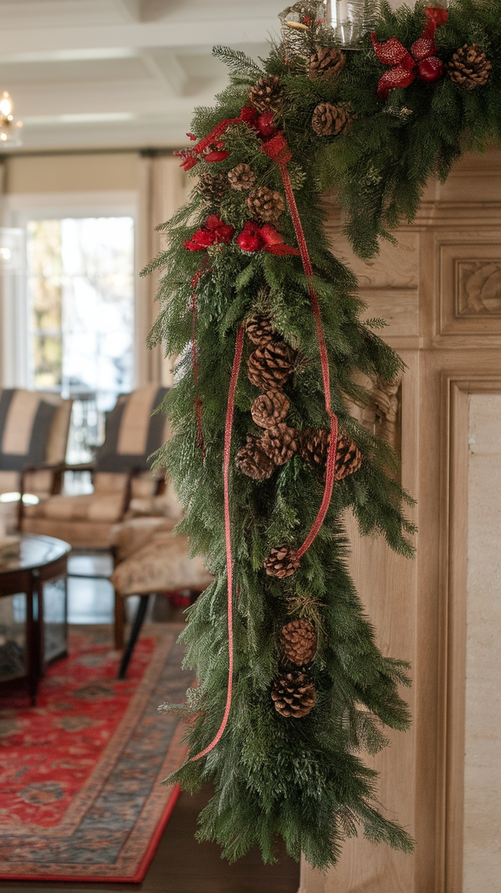 A traditional greenery garland with pine cones and red accents draped over a wooden mantle.