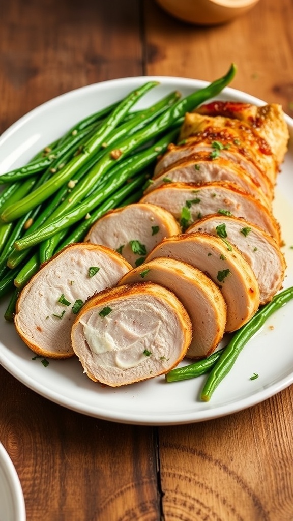 Garlic Parmesan Roasted Pork Tenderloin with Green Beans Sliced garlic parmesan roasted pork tenderloin with sautéed green beans on a rustic table.