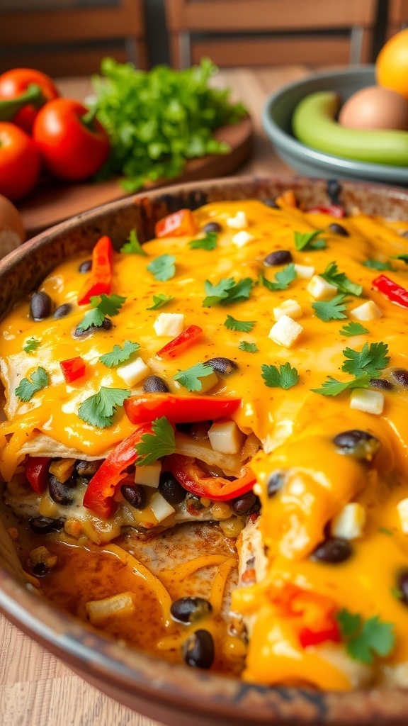A veggie burrito bake with layers of tortillas, beans, peppers, and cheese, garnished with cilantro, in a rustic baking dish.
