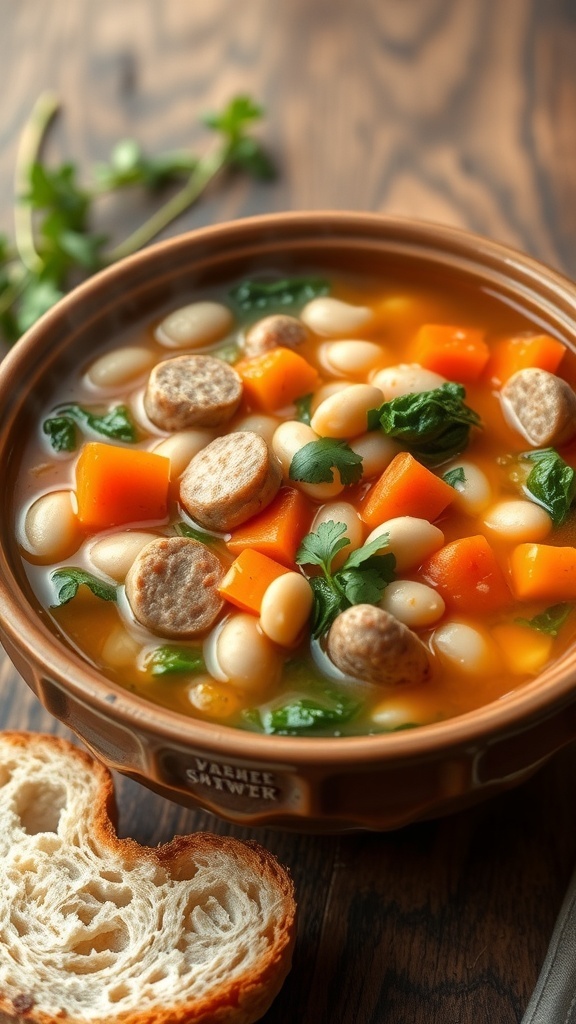 A bowl of chicken sausage and white bean soup with vegetables, garnished with herbs, on a wooden table with bread.