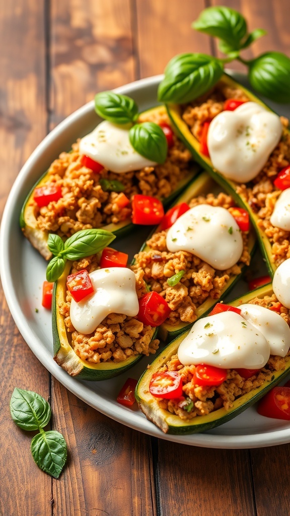 Chicken and Vegetable Stuffed Zucchini Boats Stuffed zucchini boats filled with ground chicken and vegetables, topped with melted cheese, served on a rustic plate.