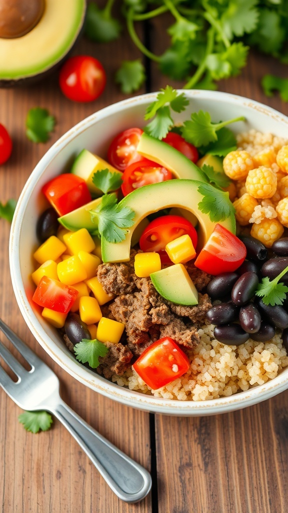 A colorful taco bowl with ground beef, quinoa, avocado, tomatoes, corn, and black beans, garnished with cilantro on a wooden table.