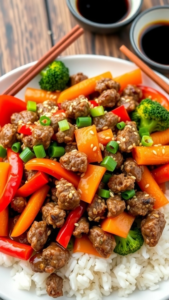A colorful stir fry with ground beef and mixed vegetables served over rice, garnished with sesame seeds and green onions.