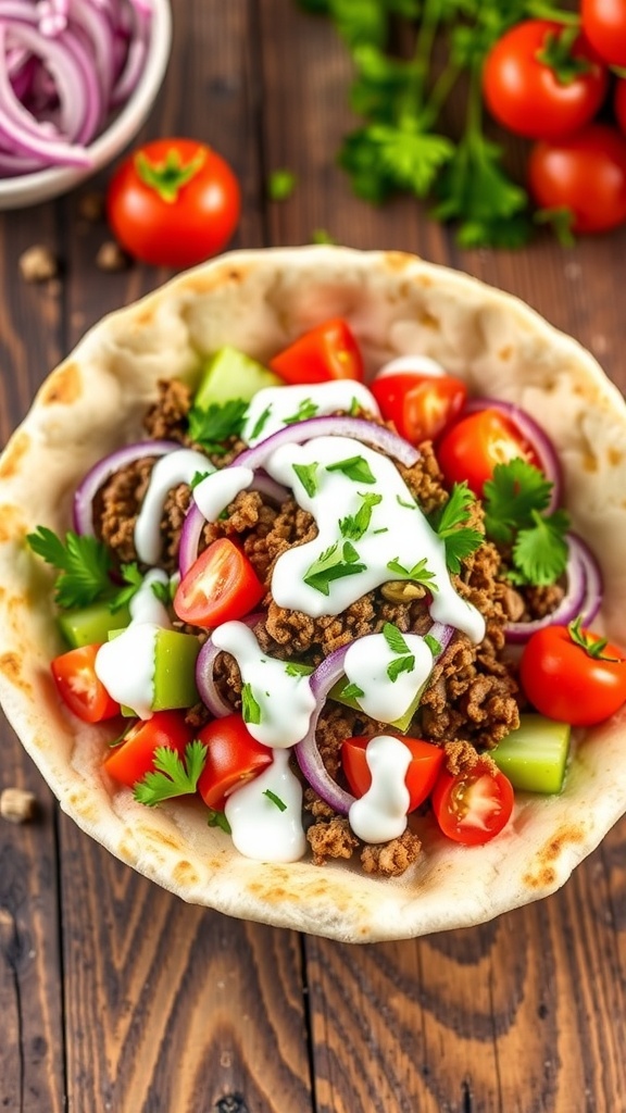 A Greek ground beef pita bowl filled with seasoned beef, tomatoes, cucumber, onion, and tzatziki sauce on a wooden table.