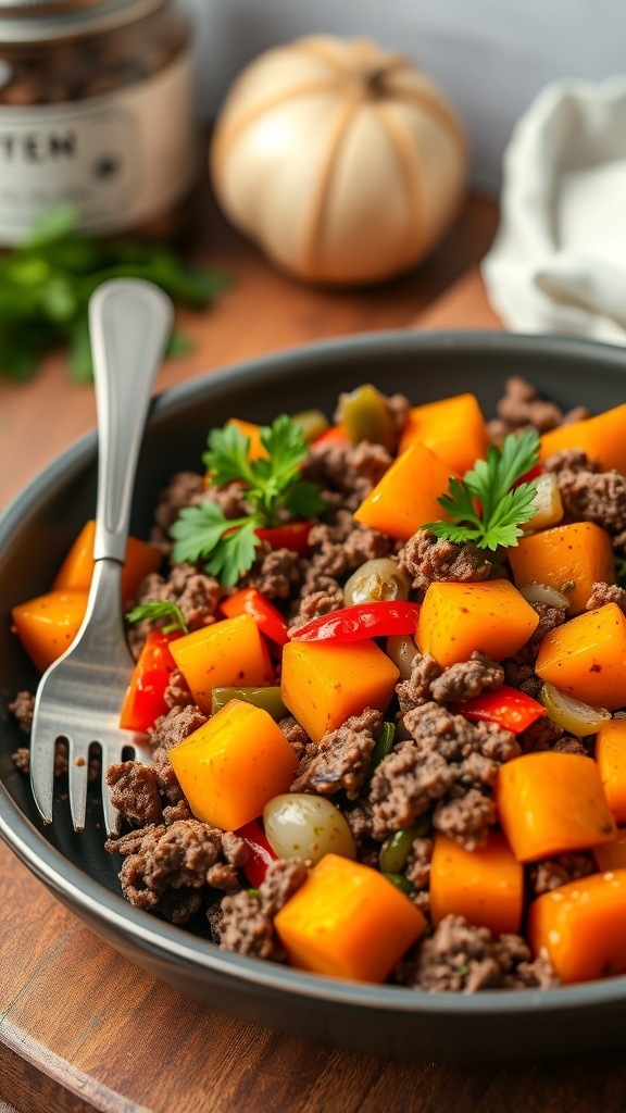 Savory Ground Beef and Sweet Potato Hash A hearty skillet of ground beef and sweet potato hash with bell peppers and onions, garnished with parsley.