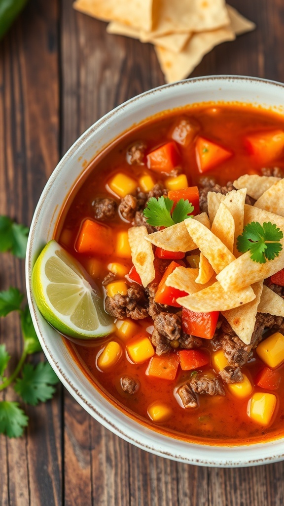 Healthy Ground Beef Tortilla Soup Recipe A bowl of ground beef tortilla soup with tomatoes, bell peppers, corn, topped with tortilla strips and cilantro, on a rustic table with lime wedges.