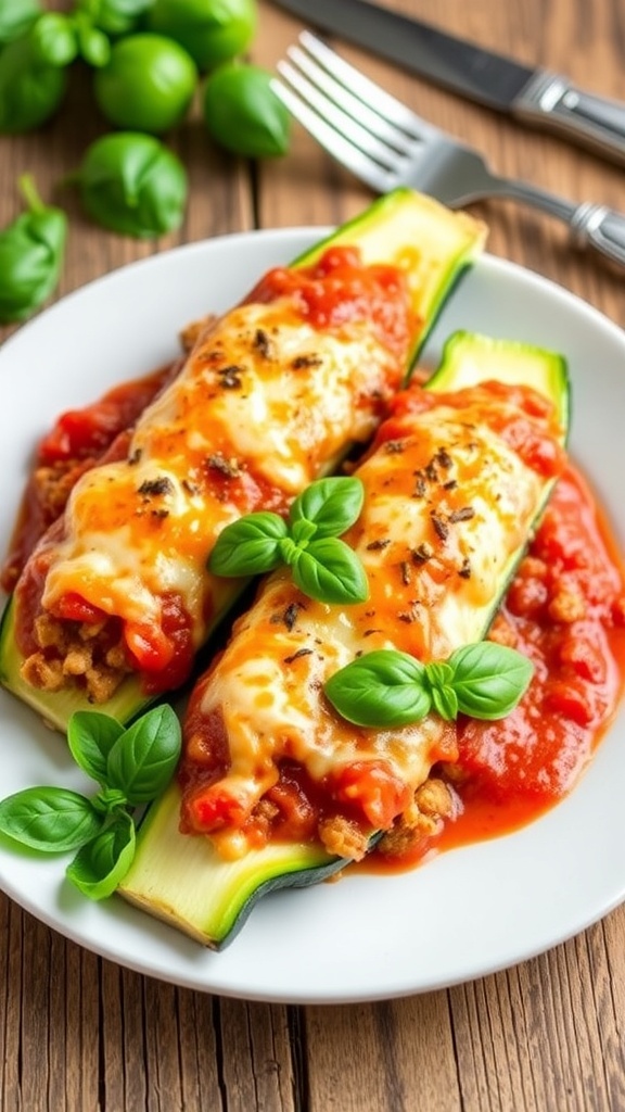 Healthy Chicken Parmesan Stuffed Zucchini Healthy Chicken Parmesan Stuffed Zucchini with melted cheese and garnished with basil on a rustic table.