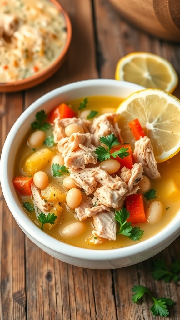 Lemon Chicken and White Bean Soup Recipe A bowl of lemon chicken and white bean soup with shredded chicken, white beans, and vegetables, garnished with parsley and lemon.