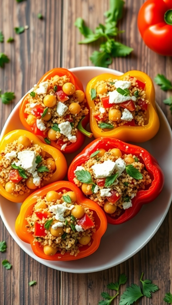 Stuffed bell peppers filled with chickpeas, quinoa, and tomatoes, garnished with feta cheese on a rustic table.