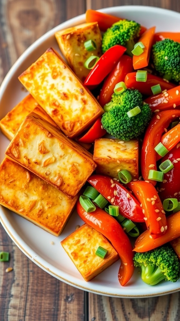 Crispy baked tofu with sesame vegetable stir fry, featuring colorful bell peppers, broccoli, and carrots, garnished with sesame seeds and green onions.