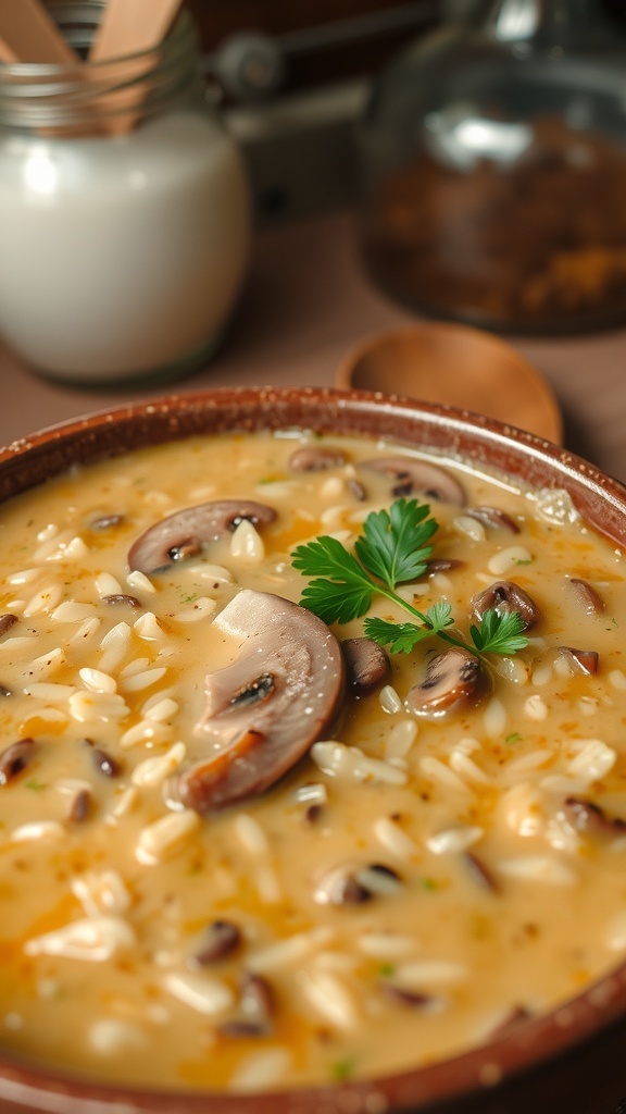 A bowl of creamy mushroom and wild rice soup garnished with parsley, with a rustic spoon on a wooden table.