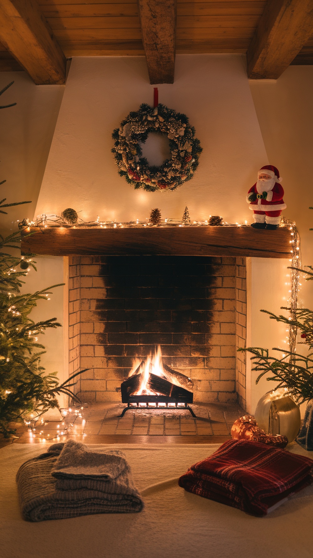 A cozy fireplace scene with a decorated mantle, warm flames, and festive decor.