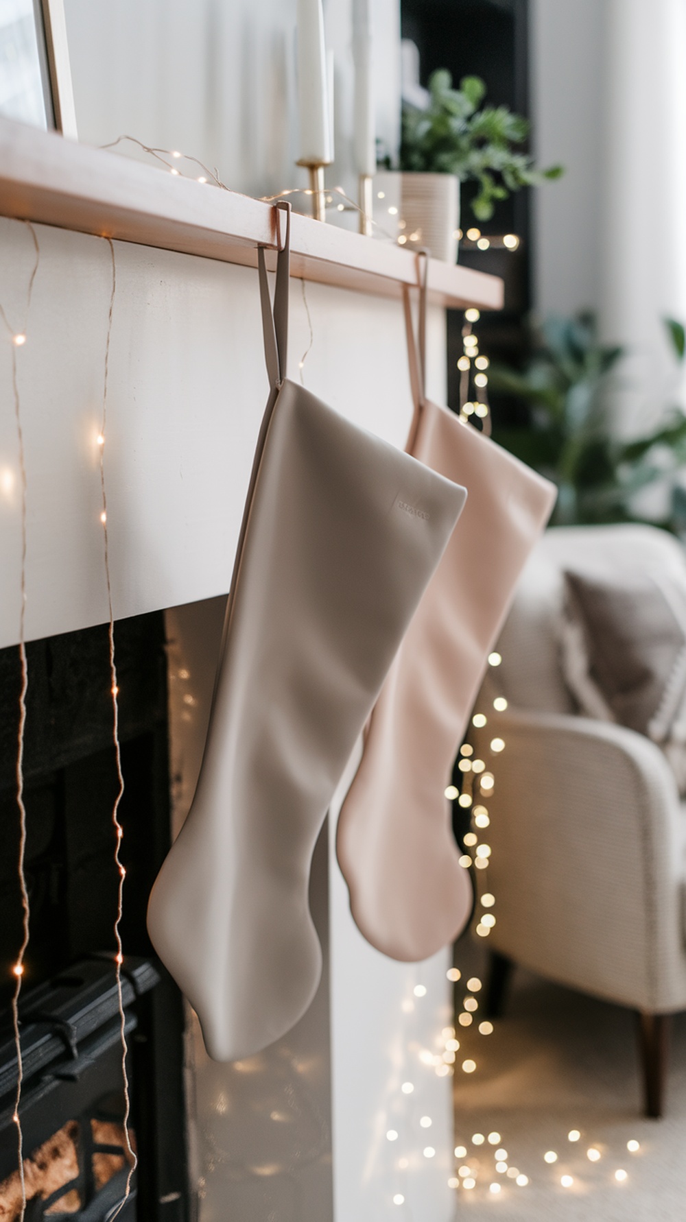 Two sleek minimalist stockings hanging from a mantle, surrounded by fairy lights and a cozy living room setting.