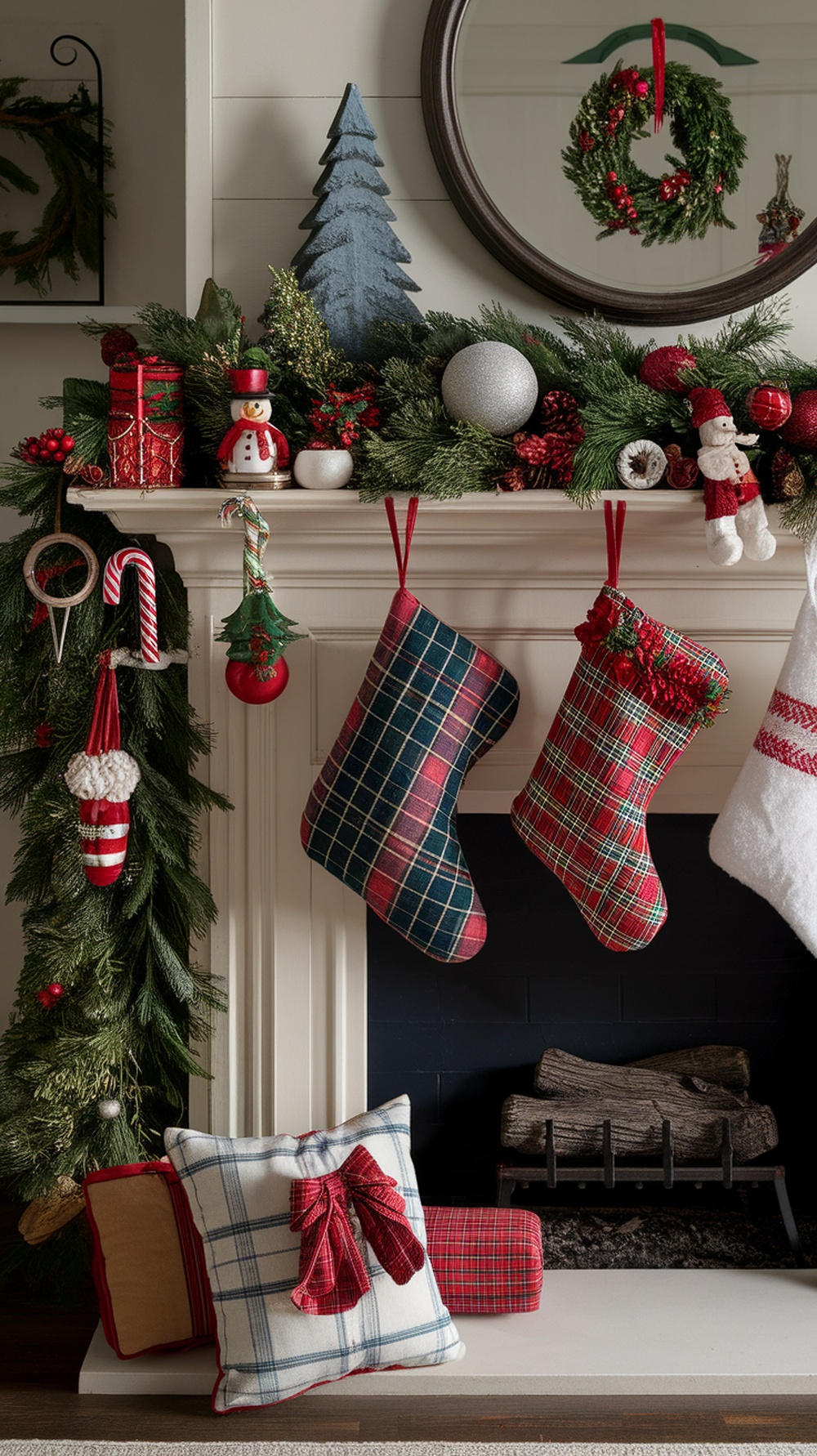 A cozy farmhouse mantle decorated with plaid stockings and pillows, surrounded by festive holiday decor.