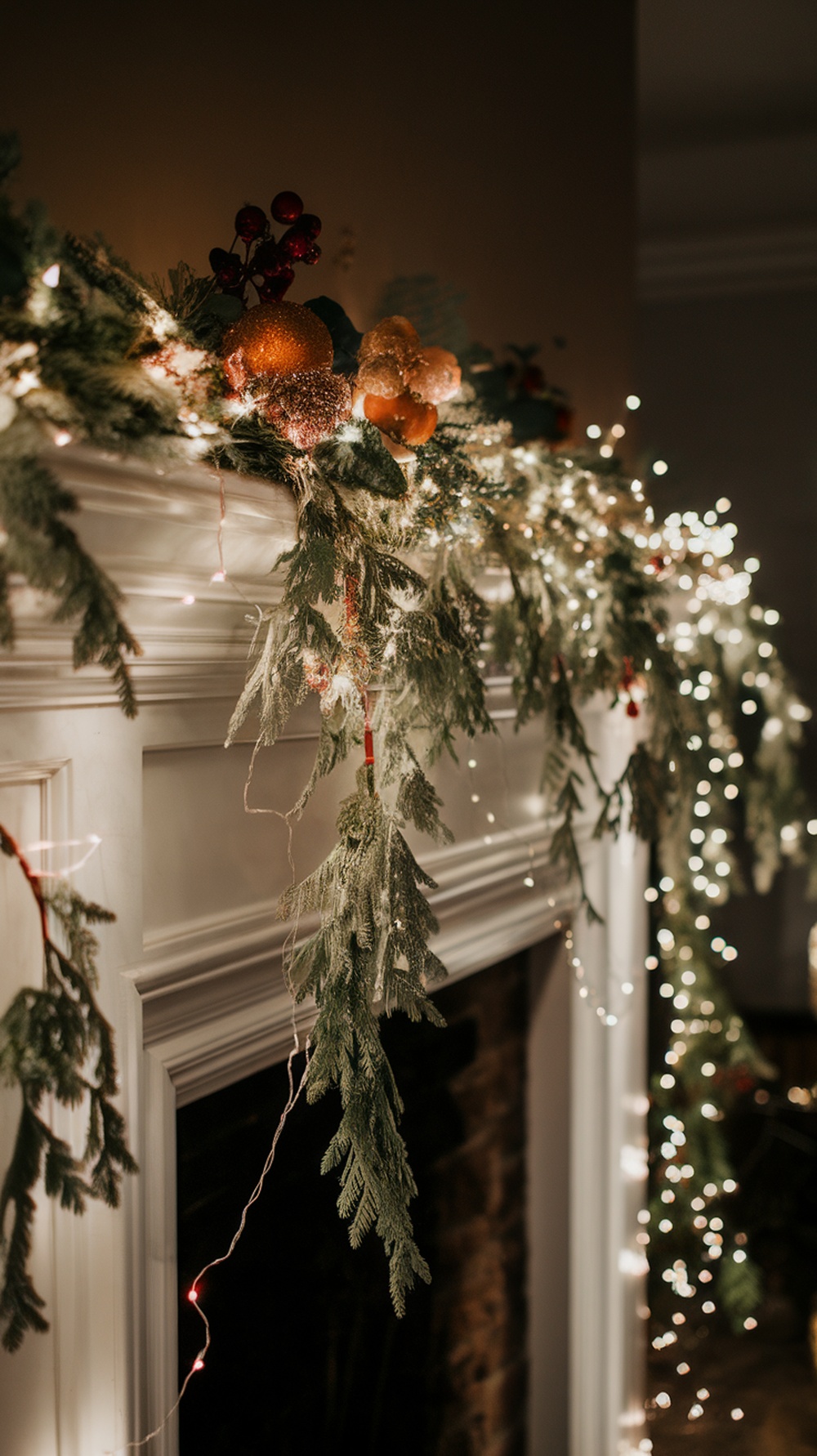A beautifully decorated Christmas mantle with lush greenery and warm fairy lights.