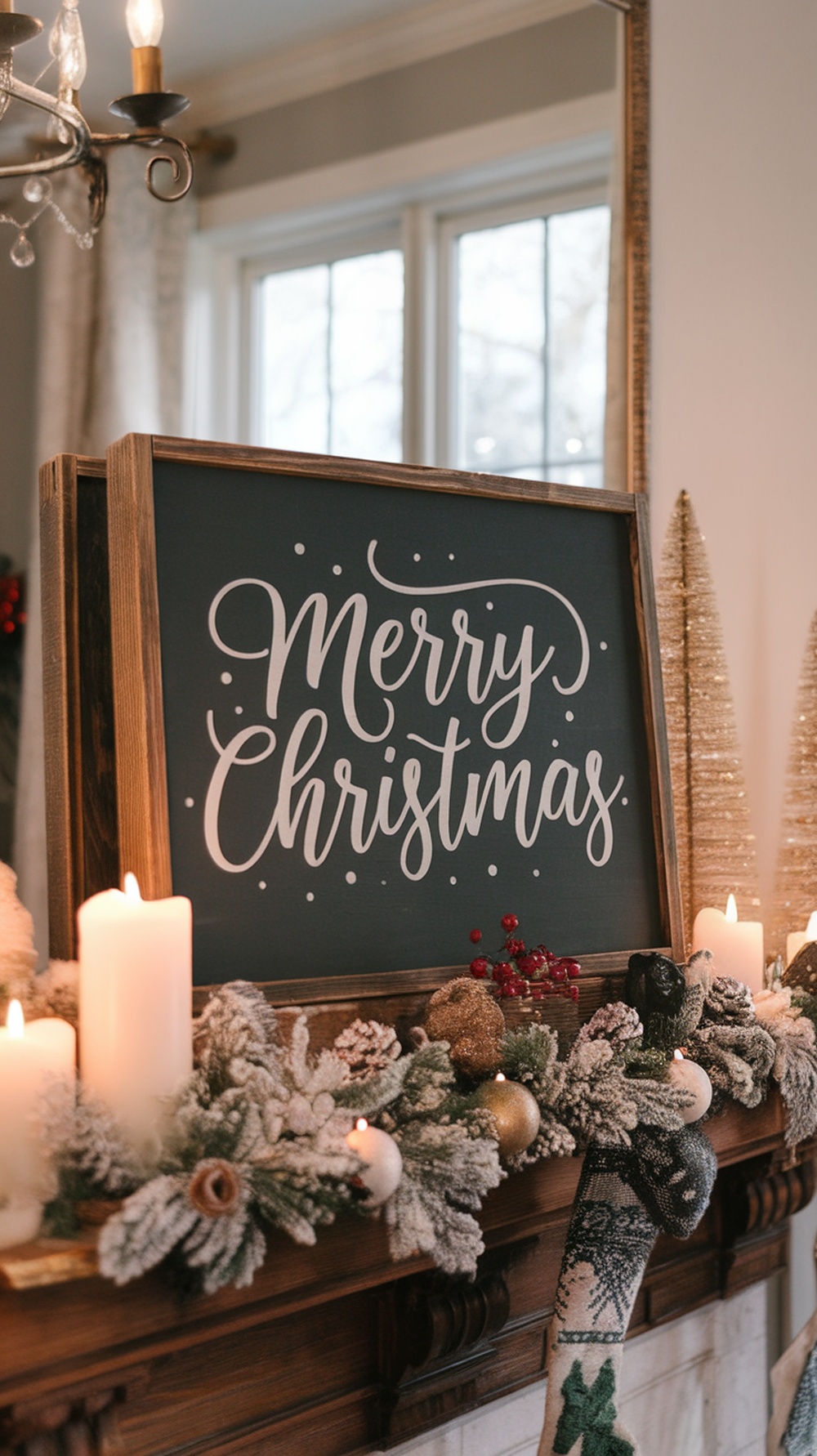 A handmade sign that says 'Merry Christmas' on a decorated mantle with candles and festive greenery.