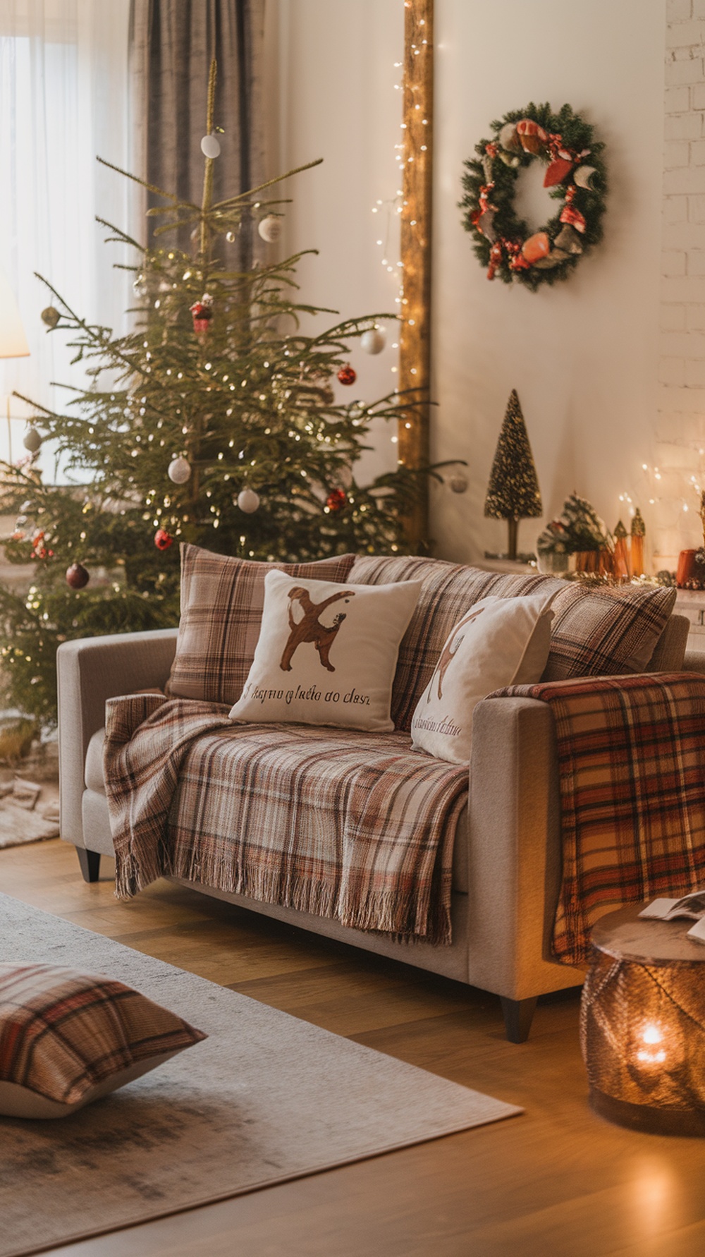 A cozy living room with a plaid throw blanket and pillows on a sofa, decorated for Christmas with a tree and festive lights.