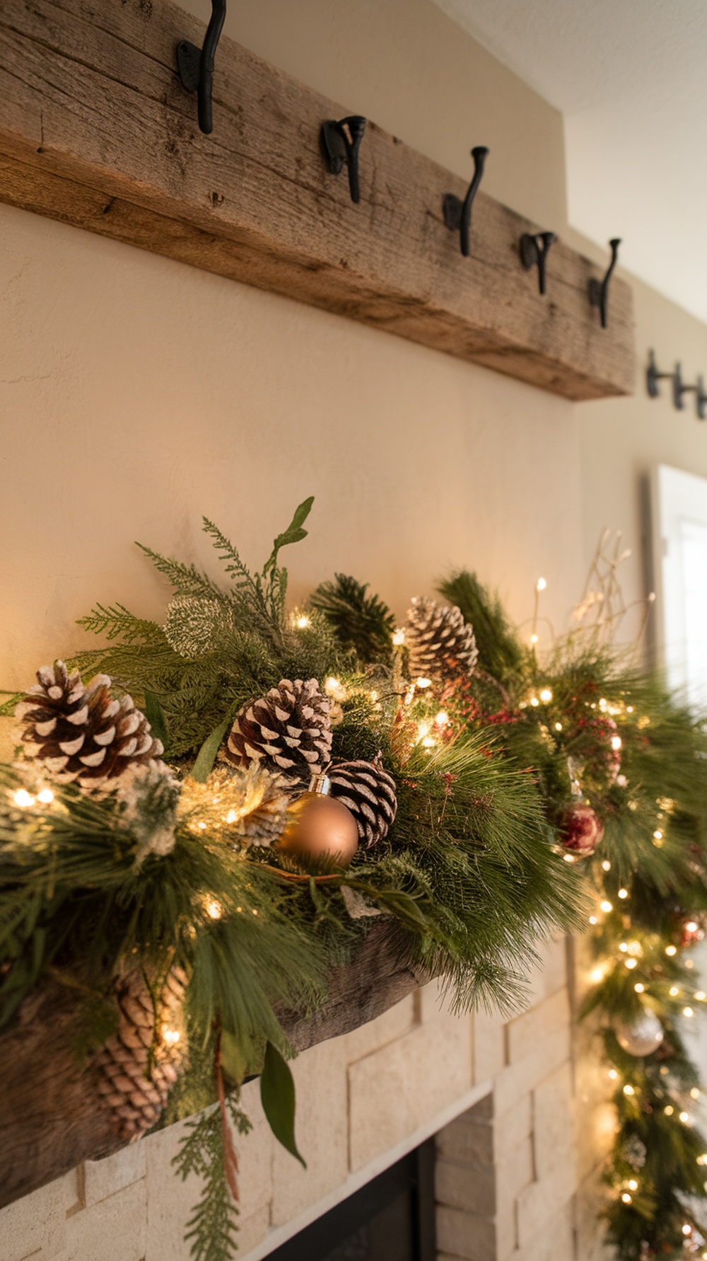 A rustic wooden mantle decorated with greenery, pinecones, and lights for Christmas.