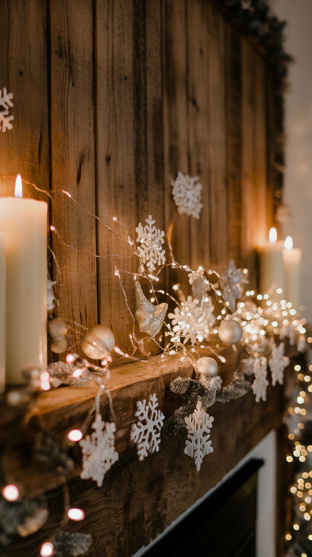 A beautifully decorated mantle with a fairy light garland, snowflakes, and candles.
