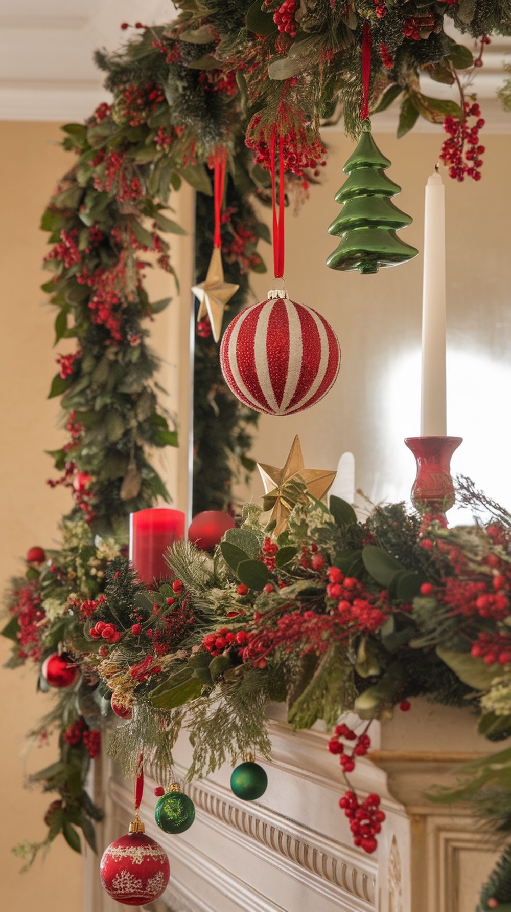 A beautifully decorated mantle with red and green Christmas decor, featuring ornaments, candles, and greenery.
