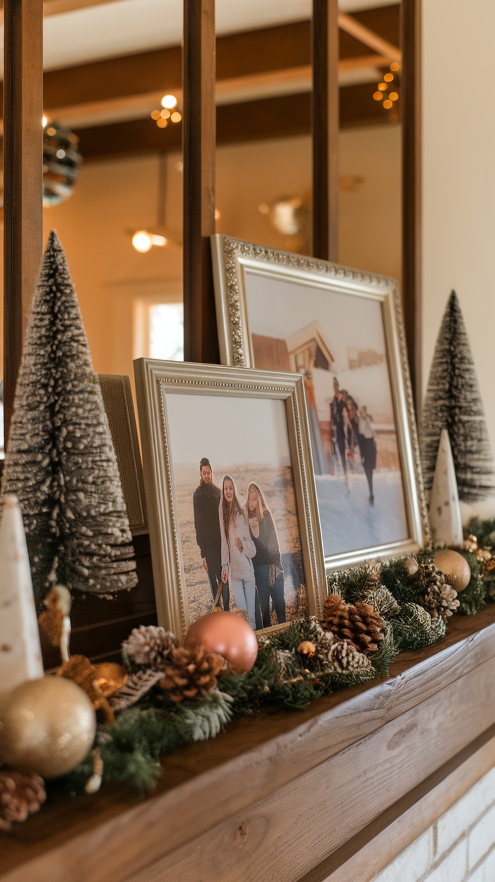 A decorated Christmas mantle featuring family photos, pinecones, and ornaments.