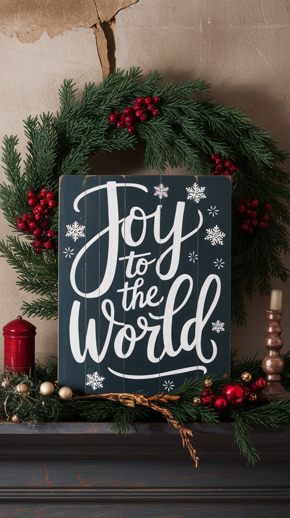 A handmade wooden sign that reads 'Joy to the World' surrounded by a festive wreath and holiday decorations.