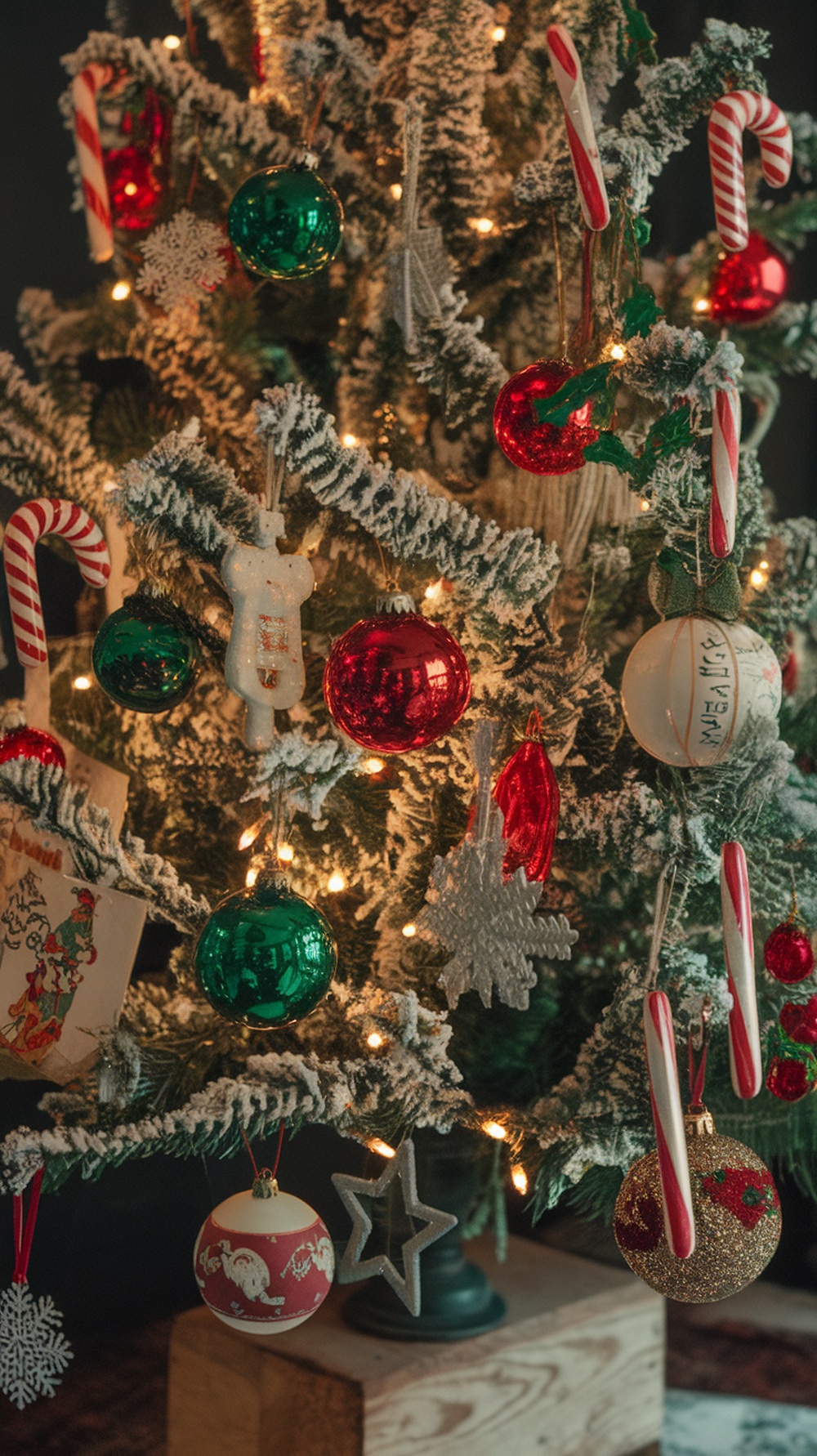 A Christmas tree decorated with vintage-inspired ornaments, including red and green baubles, candy canes, and snowflakes.