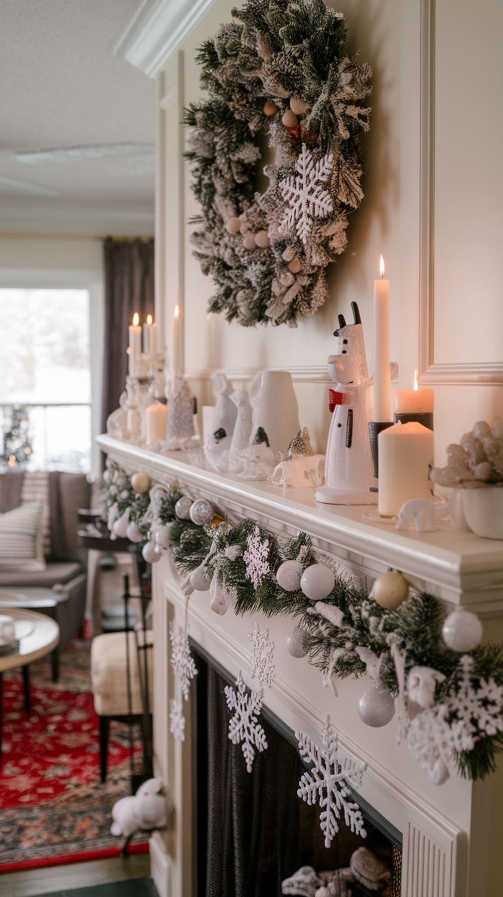 A beautifully decorated mantle with a winter theme, featuring a wreath, snowflakes, candles, and playful decorations.
