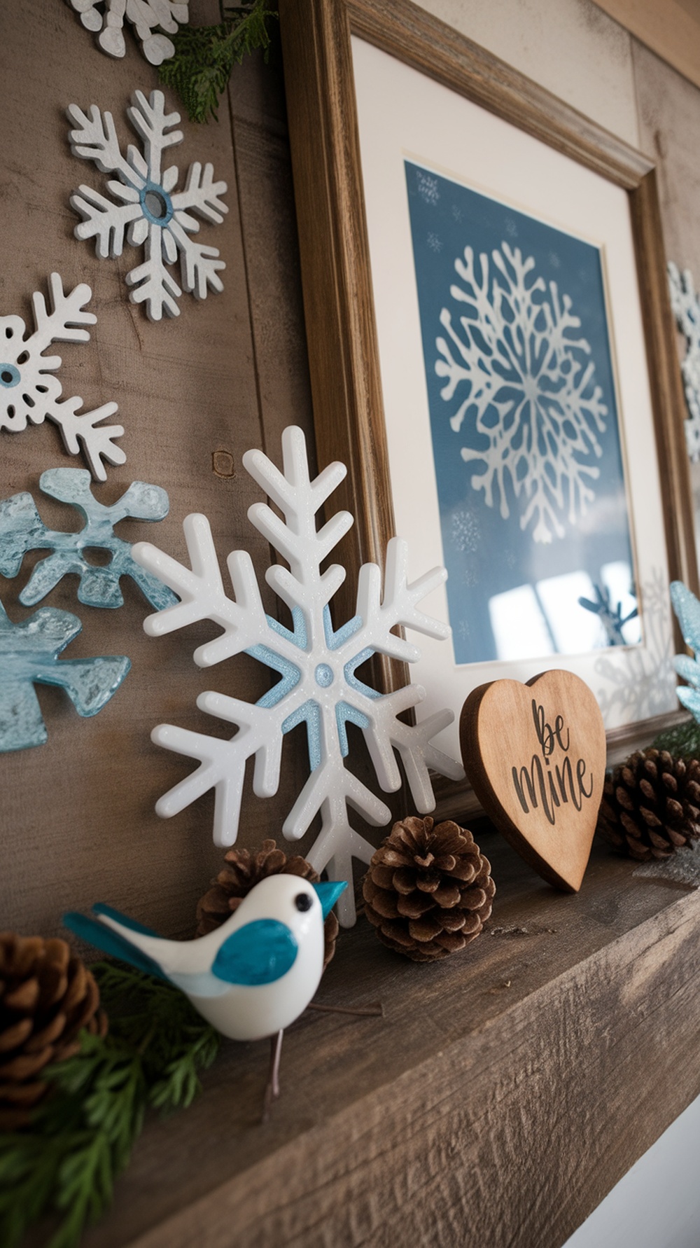A winter-themed mantle display featuring snowflake decorations, a wooden heart, pinecones, and greenery.