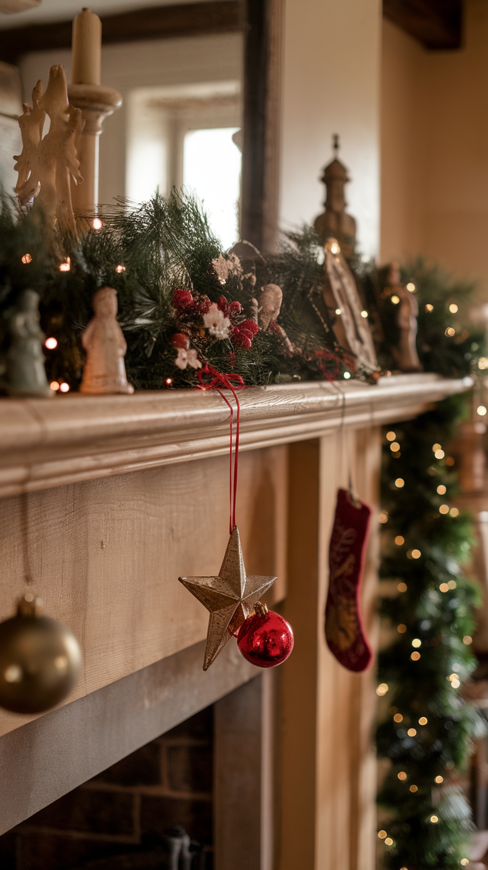 A beautifully decorated fireplace mantle with vintage ornaments, including a star and a red ball, surrounded by greenery and soft lights.
