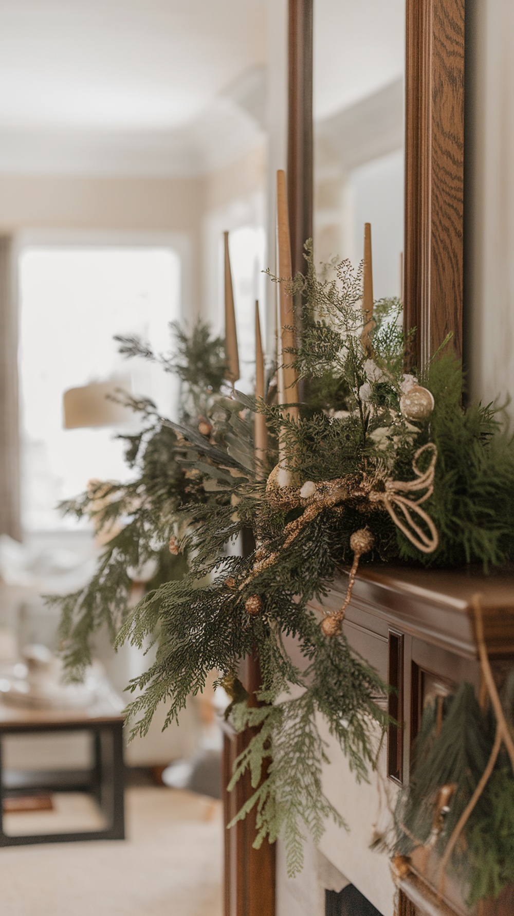 A beautifully decorated mantle featuring evergreen branches and gold accents, including candles and ornaments.