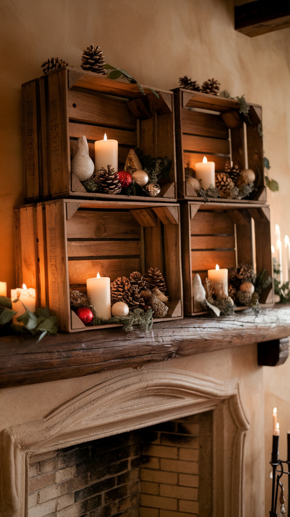 A rustic Christmas mantle decorated with repurposed wooden crates filled with candles, pinecones, and ornaments.