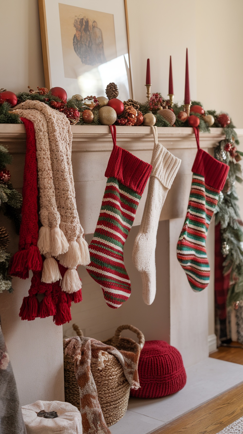 A cozy fireplace mantle decorated with knitted throws, colorful stockings, and festive ornaments.