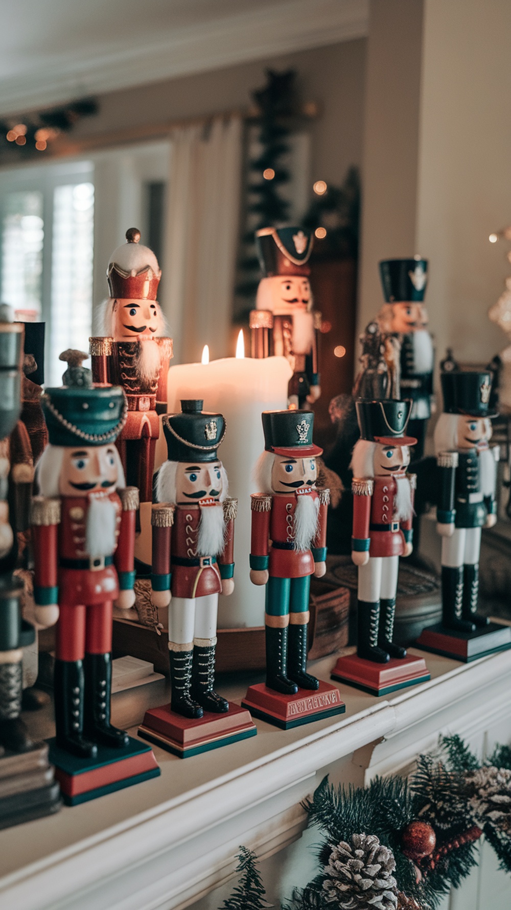 A festive display of nutcrackers and toy soldiers on a fireplace mantle, with a candle in the center.