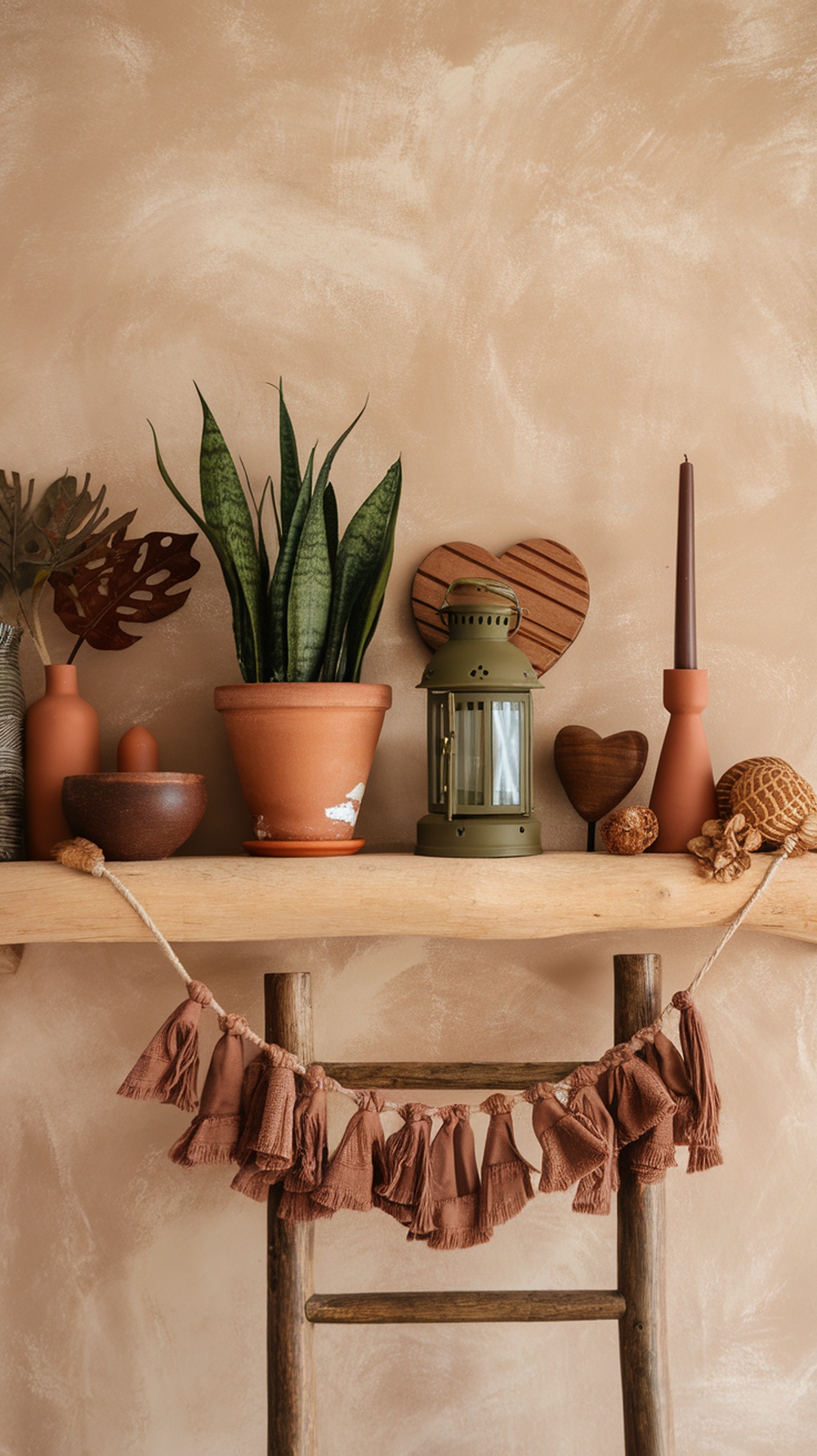 A boho Christmas mantle decor featuring earthy colors, plants, and wooden elements.